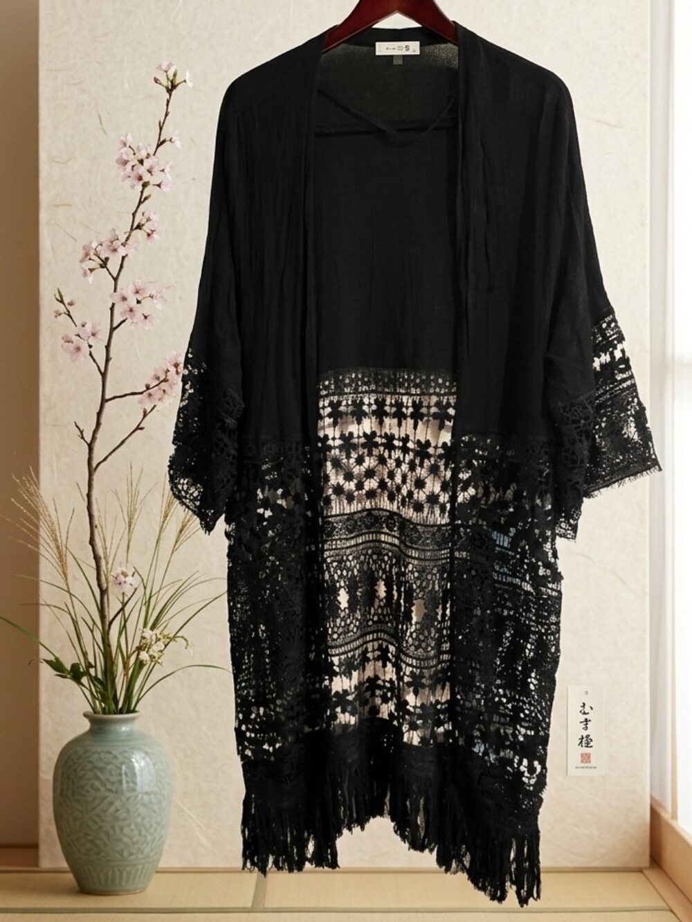 Black Lace Kimono Cardigan - Women's Lightweight Fringe Coat